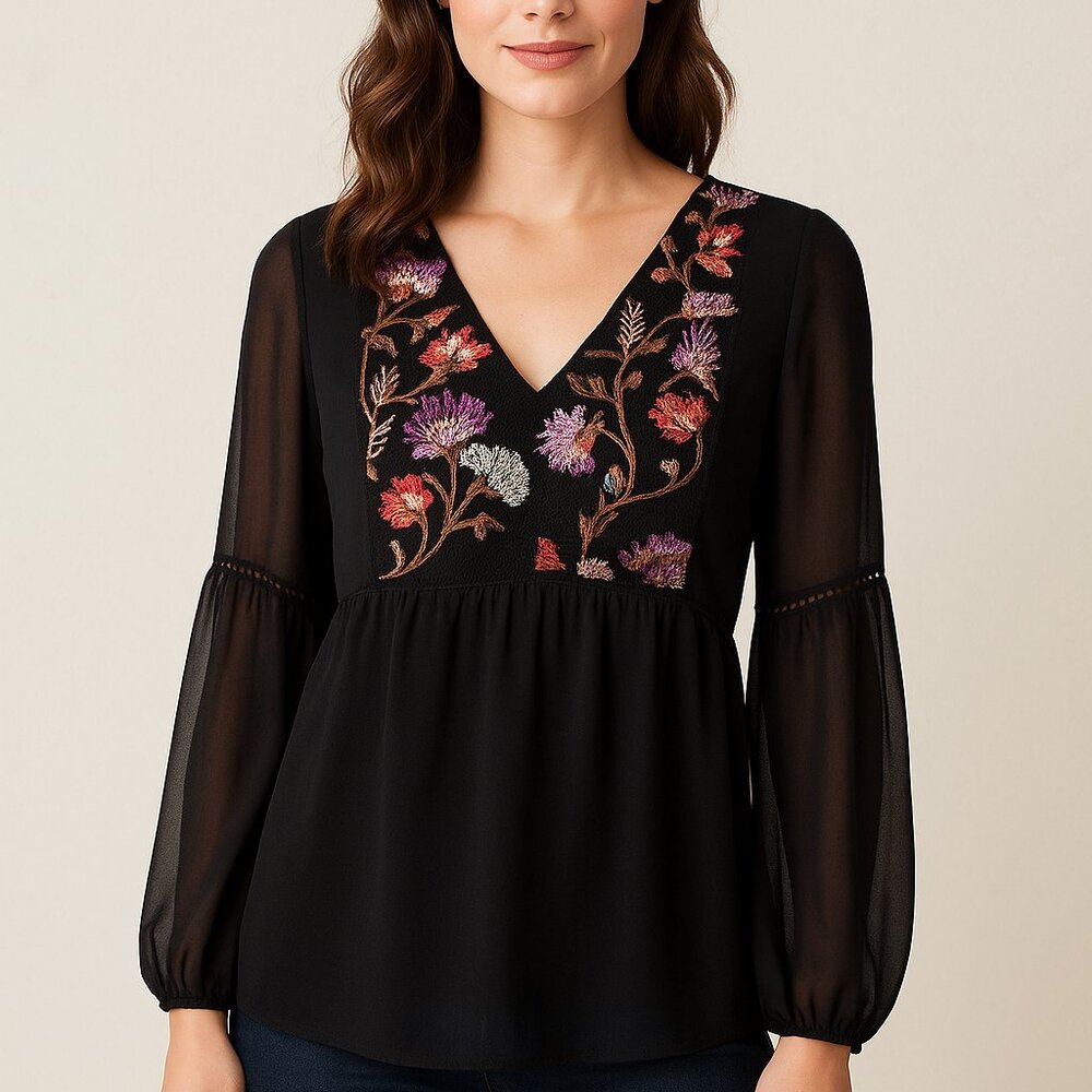 White House Black Market Floral Embroidered Black Chiffon Top – Size 8 NWOT